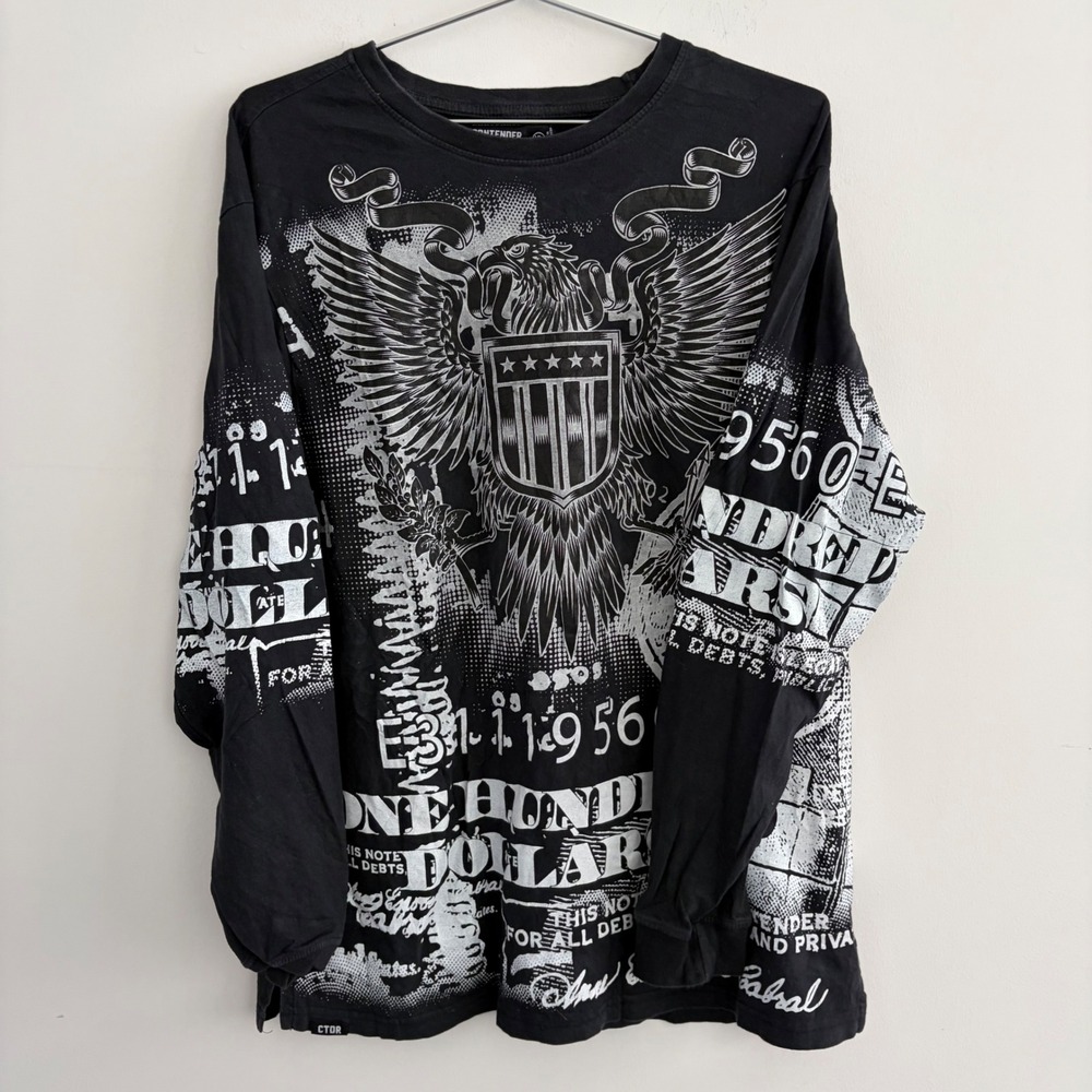 Contender Mens Eagle One Hundred Dollar Graphic Long Sleeve Shirt Black XL
